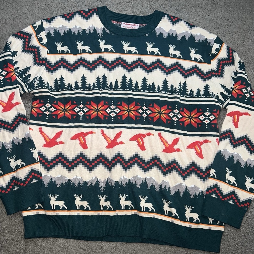 BURLEBO Christmas Sweater Deer Ducks Fair Isle Knit Green Outdoor Cabin Cozy XL
